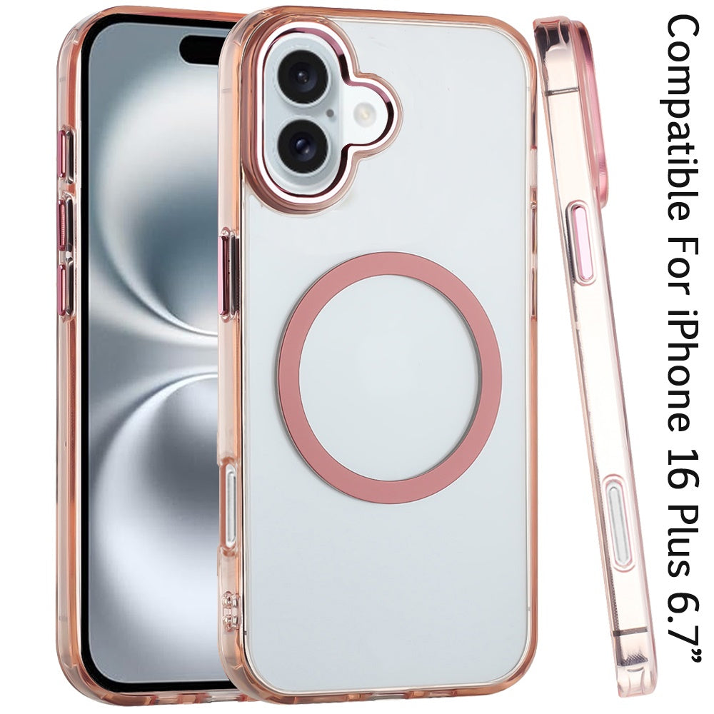 Phone Case for Apple iPhone 16 Plus Magnetic Clear Acrylic Metal Button Camera Guard Shockproof Transparent Slim Grip Premium Hybrid Cover