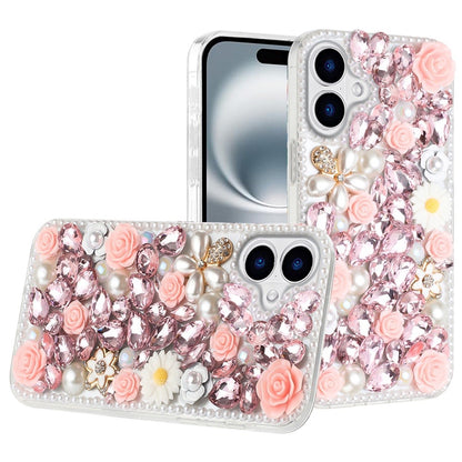 For Apple iPhone 16 Plus (6.7") Fashion Rose Flower Floral Bling Crystal 3D Full Diamonds Pearl Sparkle Rhinestone Glitter Hybrid Case Cover