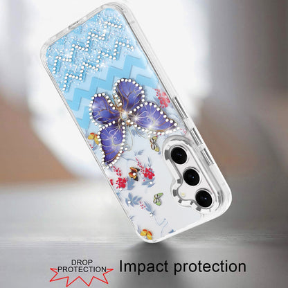 For Samsung Galaxy S25 FE /S25 Fan Edition Butterfly Resin Epoxy Diamond Design Metal Edged Hybrid Shockproof Heavy Duty Drop Protection Case Cover