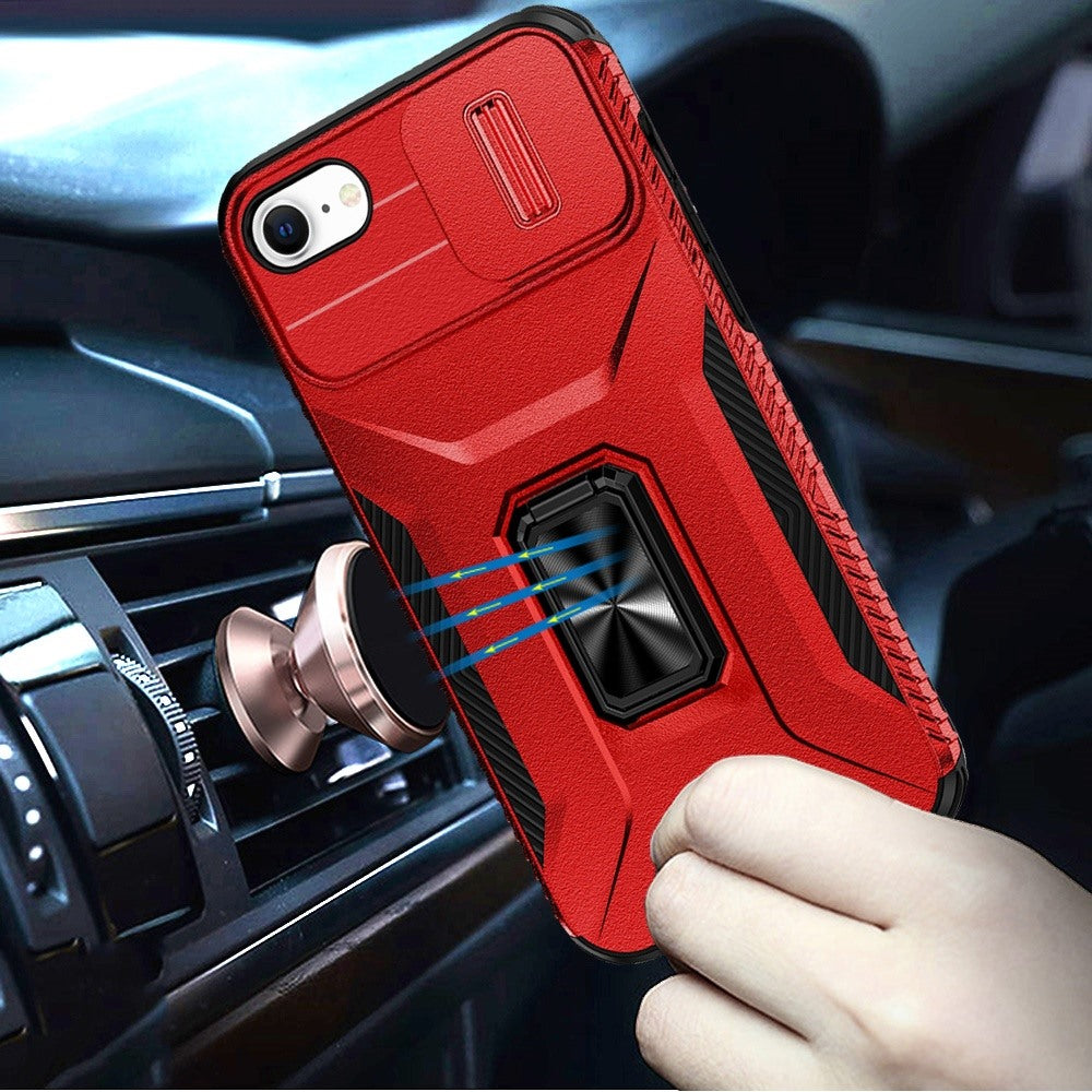 For Apple iPhone SE 3 (2022) SE/8/7 Case, Camera Cover with Magnetic Rotation Ring Stand, Military Grade Hybrid Hard TPU Shockproof Case Cover Red