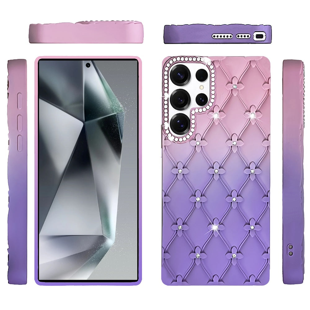 For Samsung Galaxy S24 Ultra Fashion Flower Design Sparkle Glitter Shimmer Rhinestone Bling Floral Accents, Leather Texture TPU Case Cover