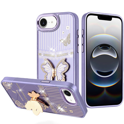 For Apple iPhone 17E /16E Glitter 3D Butterfly Design Bling Metallic Edge Hybrid Stand Drop Protection TPU Shockproof Case Cover Dark Purple