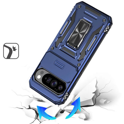 For Google Pixel 10 Pro XL Tough Hybrid Case with Movable Camera Window & Metal Ring Stand Shockproof Case Cover
