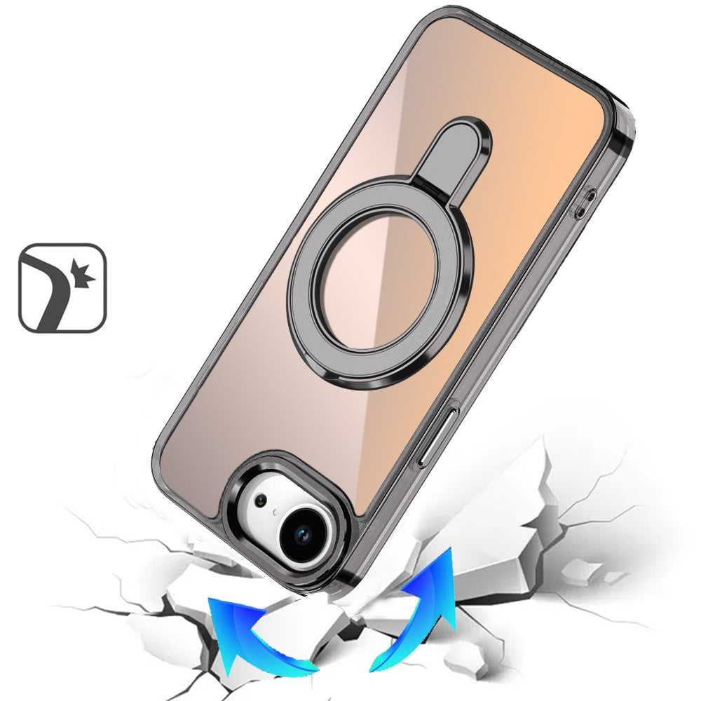 For Apple iPhone 16e Chrome Hybrid with Rotating Magnetic Circle Ring Stand, Slim Shockproof Hybrid Case Cover