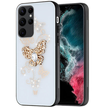 For Samsung Galaxy Z Fold 7 Diamonds 3D Butterfly Bling Sparkly Glitter Ornaments Engraving Hybrid Metal Fashion Case Cover White Garden Butterflies