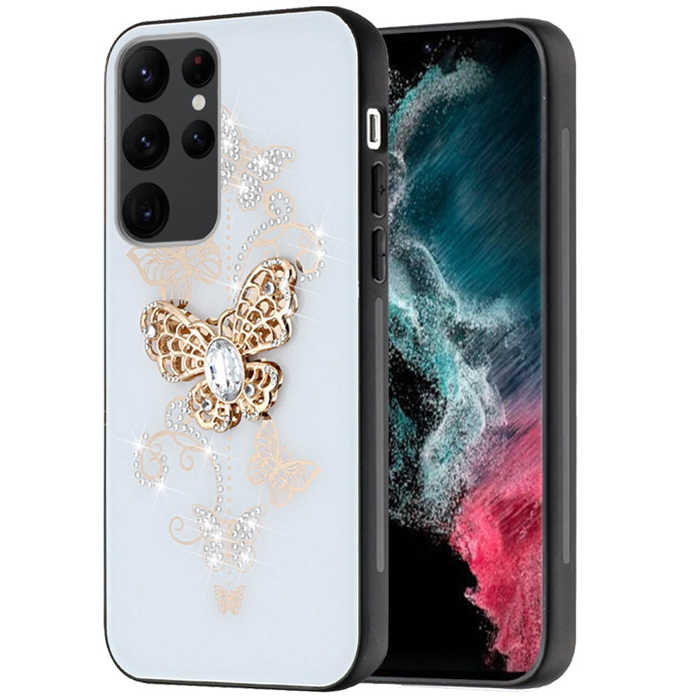 For Samsung Galaxy Z Flip 7 FE Diamonds 3D Butterfly Bling Sparkly Glitter Ornaments Engraving Hybrid Metal Fashion Case Cover White Garden Butterflies