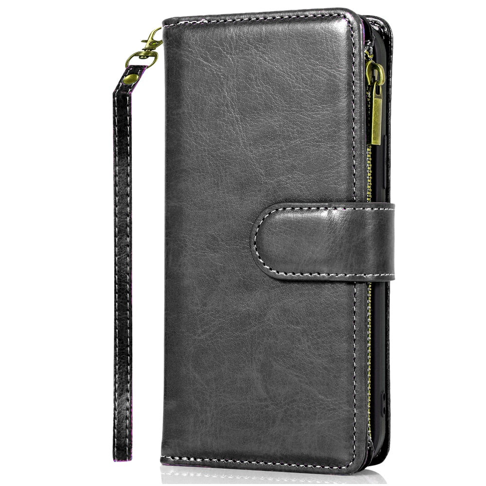 For Samsung Galaxy S26 Leather Wallet Case with Zipper, 9 Card Slots, Cash Pocket, Stand & Strap, Clutch Pouch Design Case Cover Black