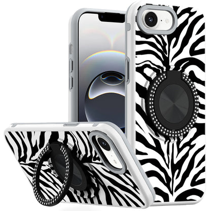 For Apple iPhone 16e Pattern Design Hybrid with Invisible Ring Stand & Magnetic Back, Shockproof Protective Grip Case Cover Zebra