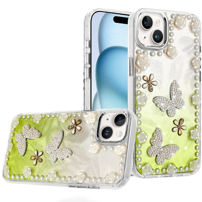 For Apple iPhone 17E /16E Bling Fashion Design with 3D Pearls Epoxy Glitter Ornaments Chrome Edge Hard Slim PC Case Cover