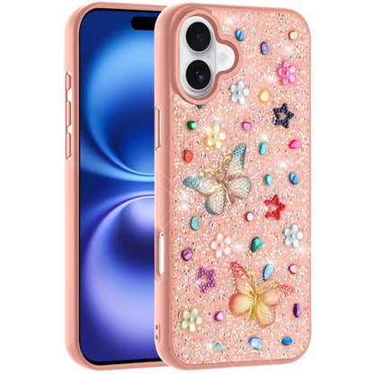 For Apple iPhone 17 (6.3") Diamond Butterfly 3D Glitter Bling Design, Slim Hybrid Sparkle Protective Cover TPU for Women Girls Case Cover