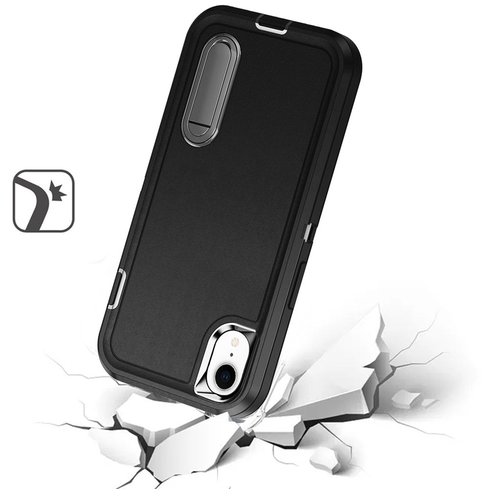 For iPhone XR Hybrid 3 Layers Hard 3in1 Shockproof with Kickstand Heavy Duty Hard TPU Rubber Anti-Drop Case Cover Black +Black