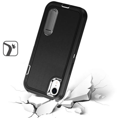For iPhone XR Hybrid 3 Layers Hard 3in1 Shockproof with Kickstand Heavy Duty Hard TPU Rubber Anti-Drop Case Cover Black +Black
