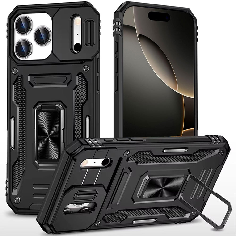 For Apple iPhone 17 Pro (6.3") Tough Hybrid Case with Movable Camera Window & Metal Ring Stand Shockproof Case Cover