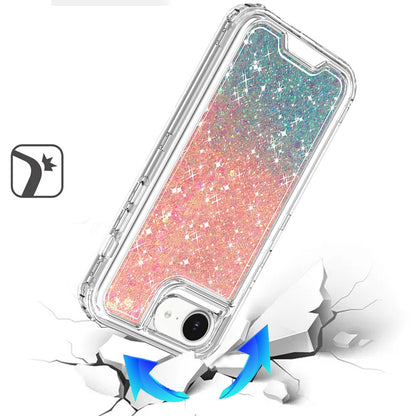 For Apple iPhone 17E /16E Epoxy Bling Glitter Sparkly 3-in-1 Transparent Hybrid Full-Body Shockproof PC Bumper Case Cover Pink + Blue