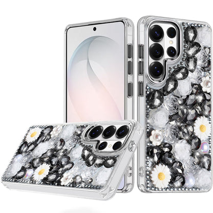 For Samsung Galaxy S26 Ultra Fashion Daisy Floral Series, Full 3D Bling Crystal Diamonds Sparkling Rhinestone Glitter Hybrid Design Case Cover
