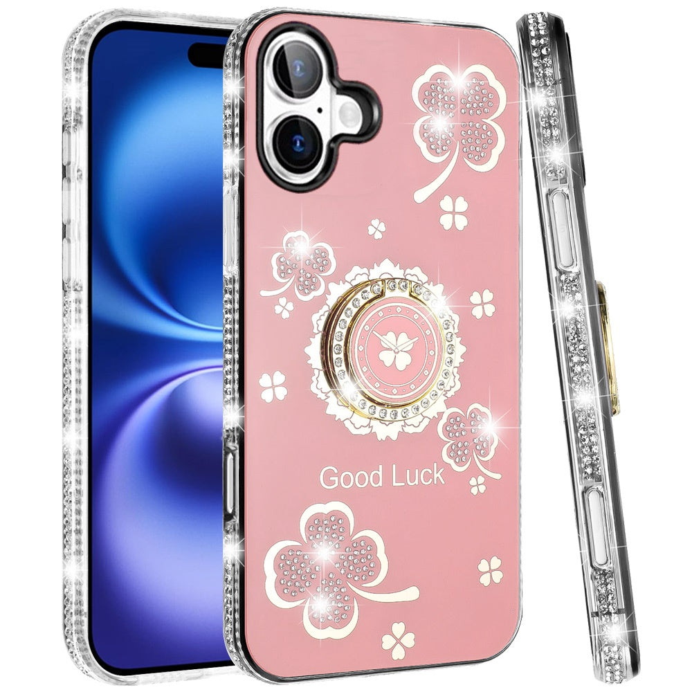 For Apple iPhone 17 (6.3") Diamonds Bling All Around Edges Sparkly Glitter Hybrid with Ring Stand Holder Fashion Good Luck Case Cover