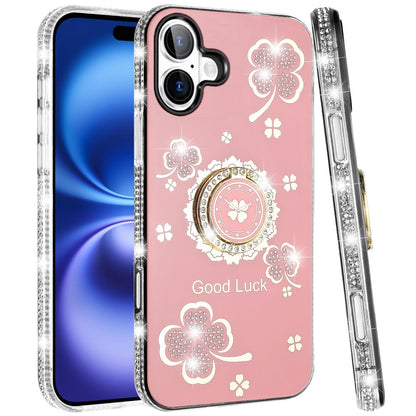 For Apple iPhone 17 (6.3") Diamonds Bling All Around Edges Sparkly Glitter Hybrid with Ring Stand Holder Fashion Good Luck Case Cover