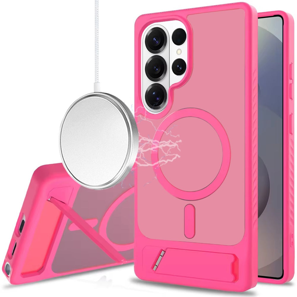 For Samsung Galaxy S26 Ultra Matte Magnetic Circle Back TPU Hybrid Drop Protection with Metal Kickstand Shockproof Design Case Cover Hotpink