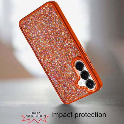 Phone Case for Samsung Galaxy S26 Crystal Glass Bling Diamond Metallic Edge Shockproof Durable Protective Clear Hybrid Stylish Premium Design Cover Cosmic Orange