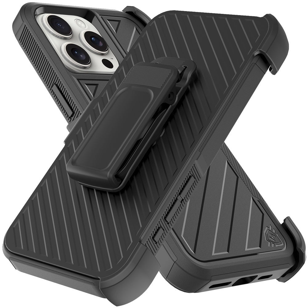 For Apple iPhone 16 Pro Max (6.9") Premium Design Hybrid lined with Belt Clip Holster Shockproof Rugged Textured 2in1 Non Slip Tough Case Cover Black