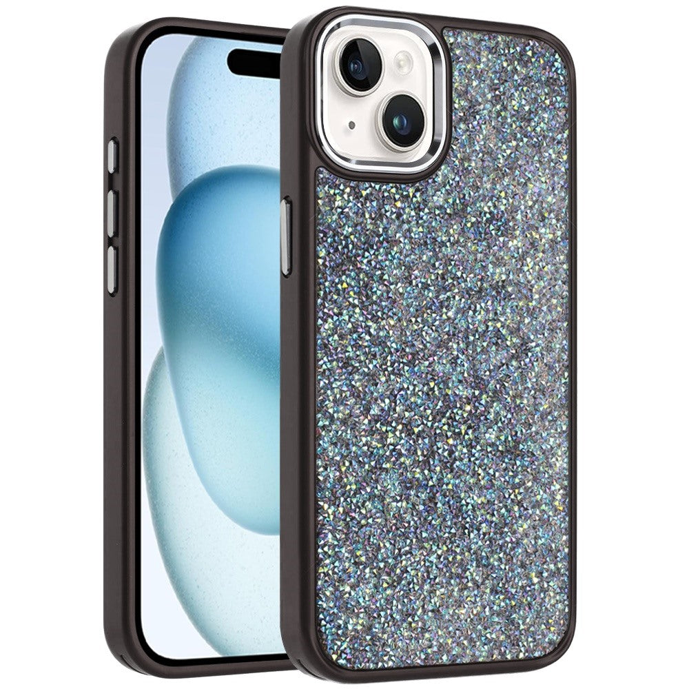 For iPhone 15 (6.1") Crystal Sparkle Diamond Glass Full Mini Glitter Bling Frame TPU Hybrid Protective Case Cover