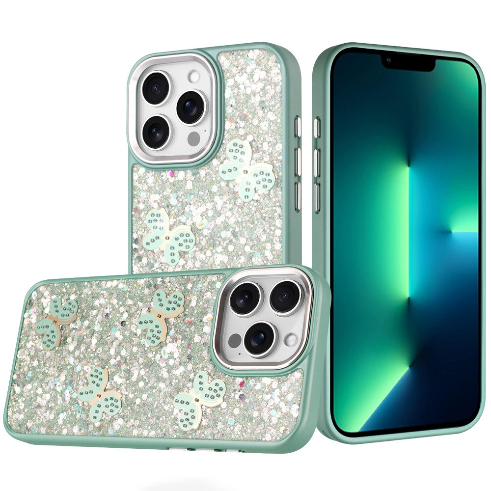 For Apple iPhone 13 Pro Max Cute Butterfly Crystal Diamond Glitter Case Sparkle Bling Frame Metallic Edges, Shimmer TPU Hybrid Case Cover Dark Purple
