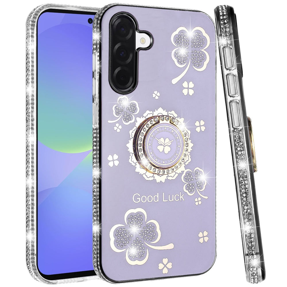 For Samsung Galaxy A37 Diamonds Bling All Around Edges Sparkly Glitter Hybrid with Ring Stand Holder Fashion Good Luck Case Cover