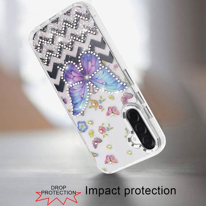 For Samsung Galaxy A37 Butterfly Resin Epoxy Diamond Design Metal Edged Hybrid Shockproof Heavy Duty Drop Protection Case Cover