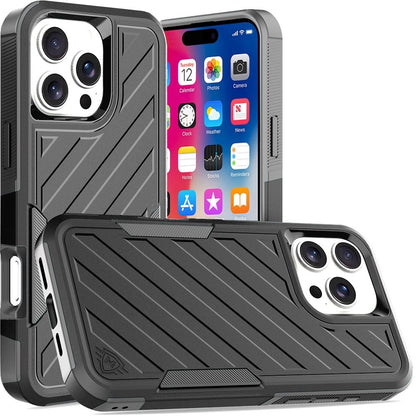 For Apple iPhone 16 Plus Hybrid lined shockproof dual layer Rugged 2in1 Hard PC & Silicone TPU Non Slip Textured Tough Armor Case Cover Black+Grey