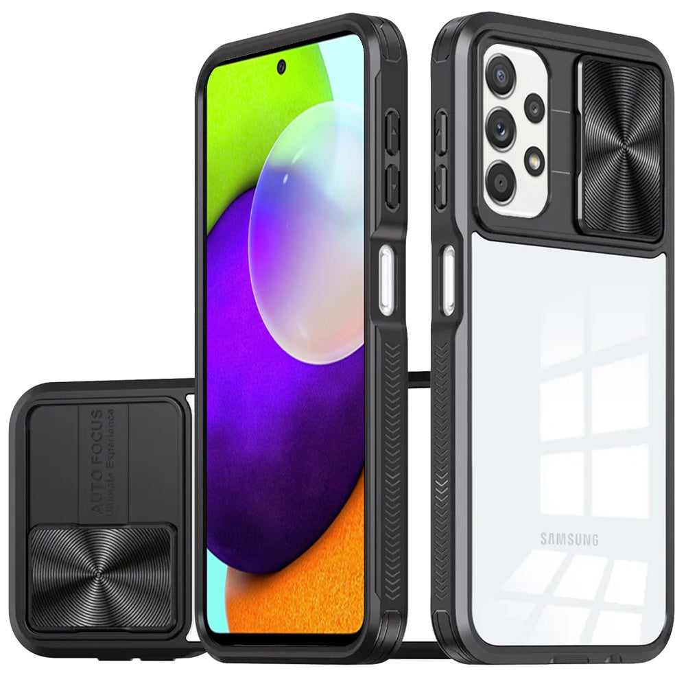 For Samsung Galaxy A52 5G Hybrid Cases with Sliding Camera Cover Transparent Shockproof Bumper TPU Protective Case Cover Black