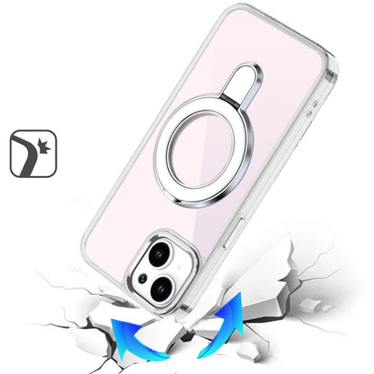 For iPhone 15 (6.1") Chrome Hybrid with Rotating Magnetic Circle Ring Stand, Slim Shockproof Hybrid Case Cover Cosmic Orange