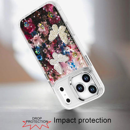 For Apple iPhone 17 Pro Max (6.9") Epoxy Glitter Flowers Bling 3D Butterfly Fashion TPU Hybrid with Shockproof Protection Case Cover