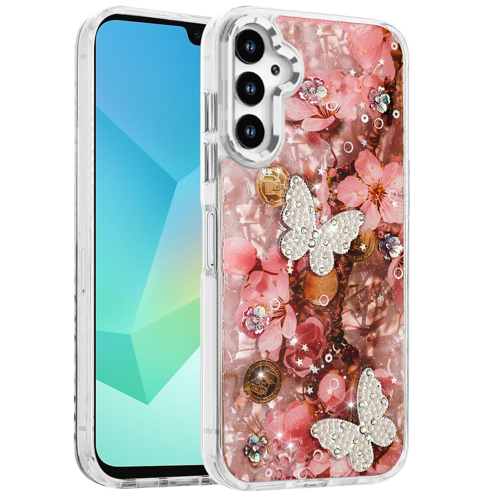 For Samsung Galaxy A16 5G Epoxy Glitter Flowers Bling 3D Butterfly Fashion TPU Hybrid with Shockproof Protection Case Cover