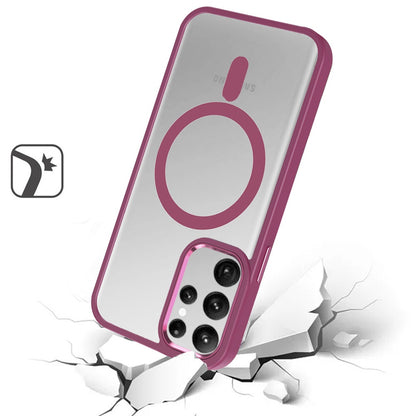 Phone Case for Samsung Galaxy S24 Ultra Magnetic Clear Acrylic Metal Button Shockproof Hybrid Durable Grip Bumper TPU Protective Heavy Duty Cover Burgundy