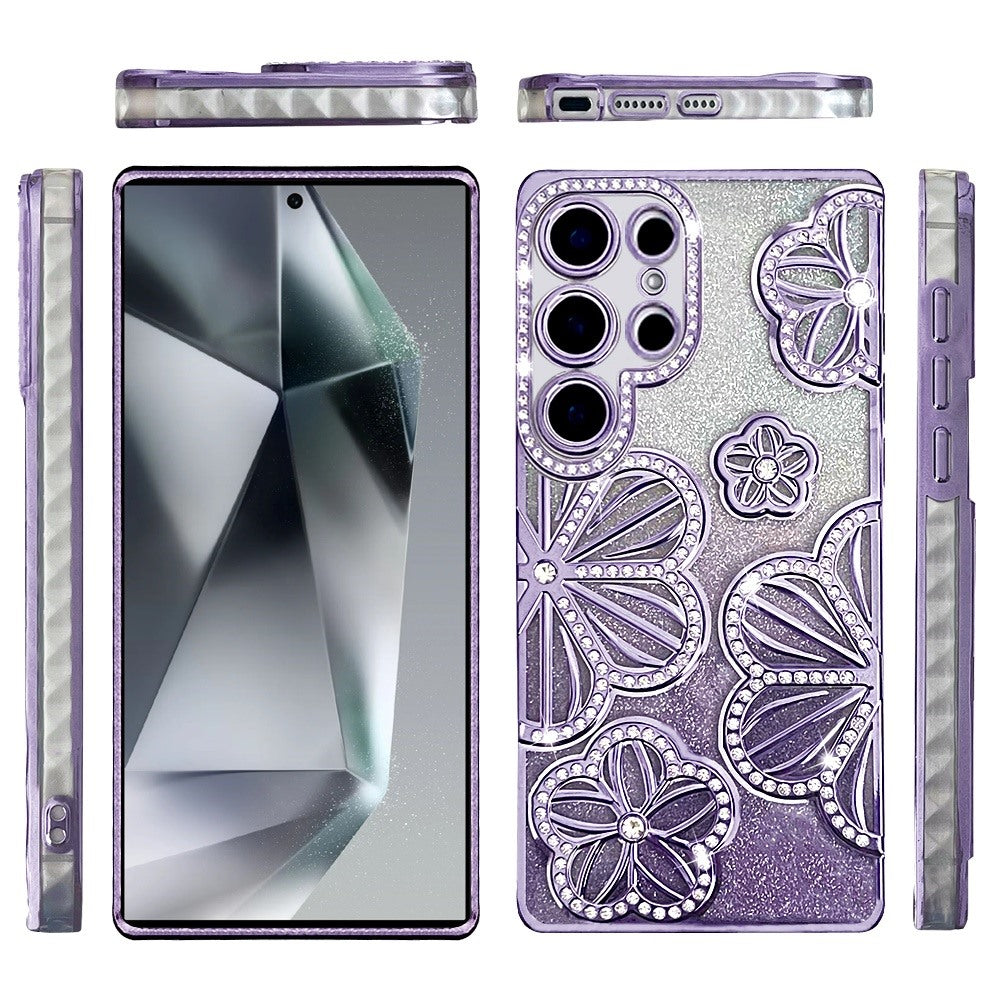 For Samsung Galaxy S24 Ultra Luxury Flower Design Sparkle Glitter Diamond Rhinestone Shimmer Bling Plating Thick TPU Hard PC Case Cover