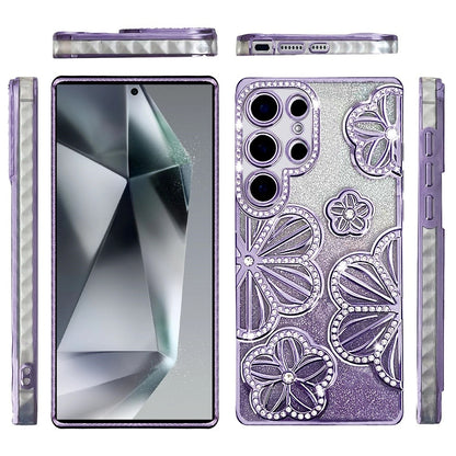 For Samsung Galaxy S24 Ultra Luxury Flower Design Sparkle Glitter Diamond Rhinestone Shimmer Bling Plating Thick TPU Hard PC Case Cover