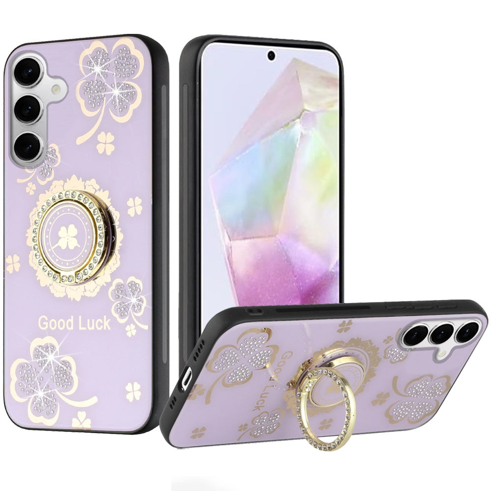 For Motorola Moto G 5G 2025 Diamonds 3D Fashion Floral Bling Sparkly Glitter Ornaments Engraving Hybrid with Ring Stand Case Cover Purple Good Luck Floral
