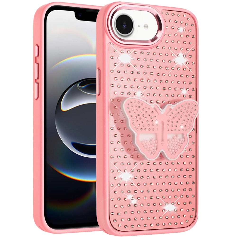 For Apple iPhone 16e Butterfly Moveable Grip 3D Pop Stand Full Diamond Bling Sparkling TPU Fashion Hybrid Case Cover