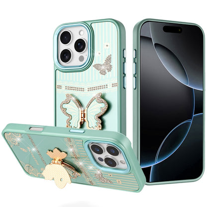 For iPhone 16 Pro Max (6.9") Glitter 3D Butterfly Design Bling Metallic Edge Hybrid Stand Drop Protection TPU Shockproof Protector