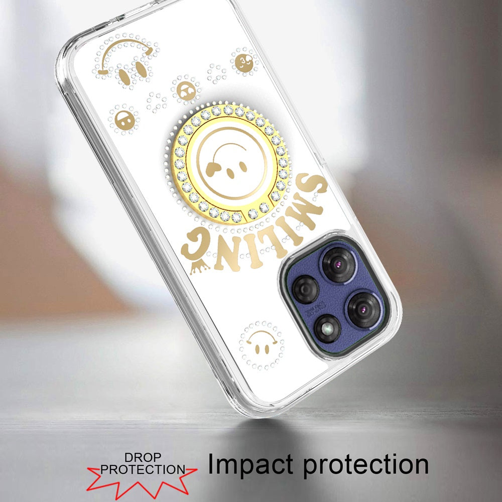 For Apple iPhone 17E /16E Smiling Glitter Bling Ornament Hybrid Shockproof Stylish Sparkle Design Secure Grip Durable Protection Case Cover White