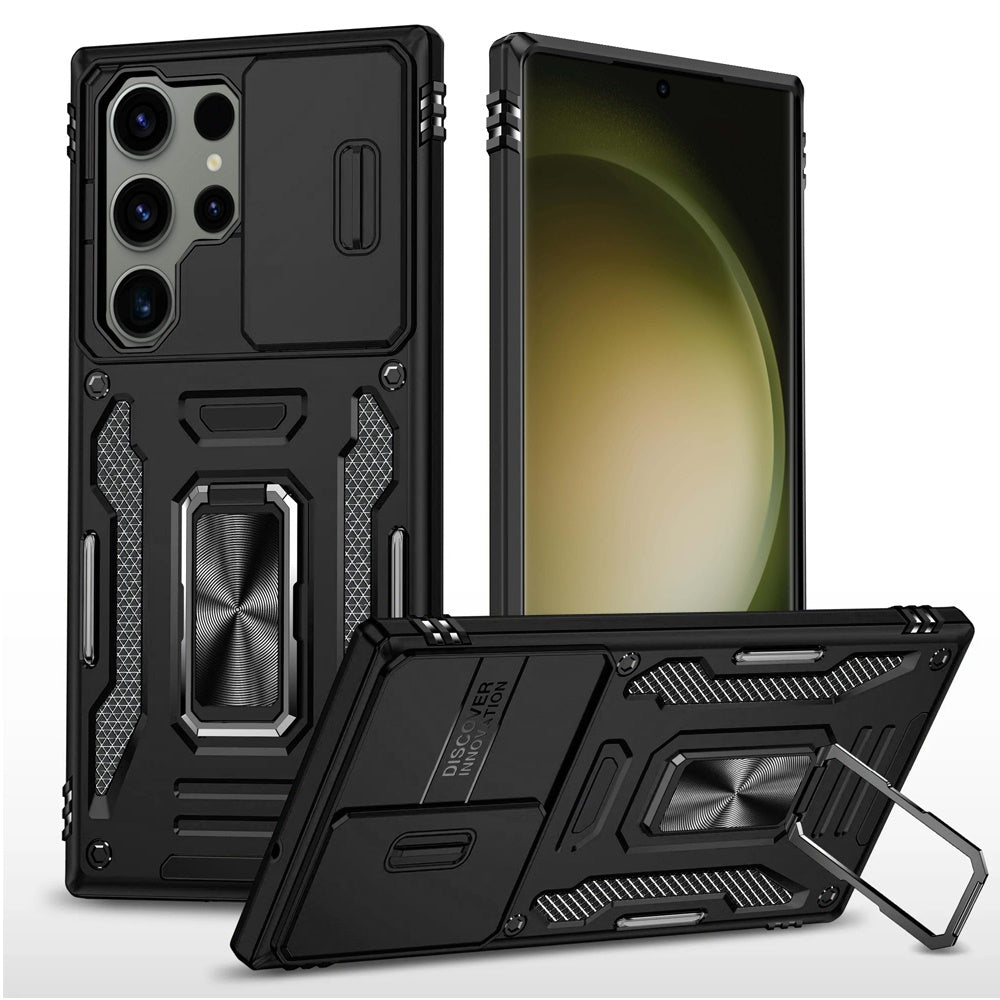 For Samsung Galaxy S20 Ultra Tough Hybrid Case with Movable Camera Window & Metal Ring Stand Shockproof Case Cover Black
