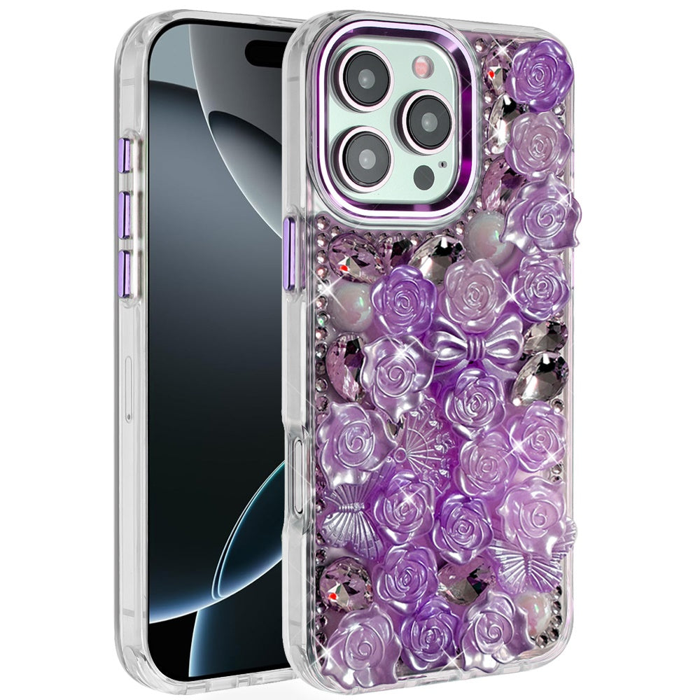 For iPhone 16 Pro Max (6.9") Muti-Color Floral Fashion Bling Crystal 3D Full Diamonds Stones Sparkle Rhinestone Glitter Hybrid Case Cover