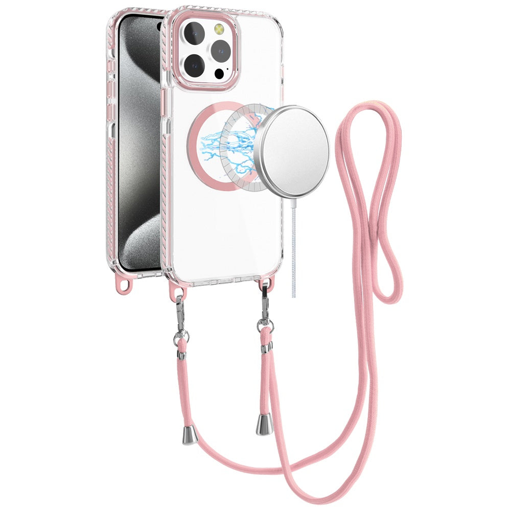 For Apple iPhone 16 Pro (6.3") Clear Magnetic Frame PC Back Shockproof Protective Case with Detachable Lanyard Strap, Compatible with MagSafe Case Cover