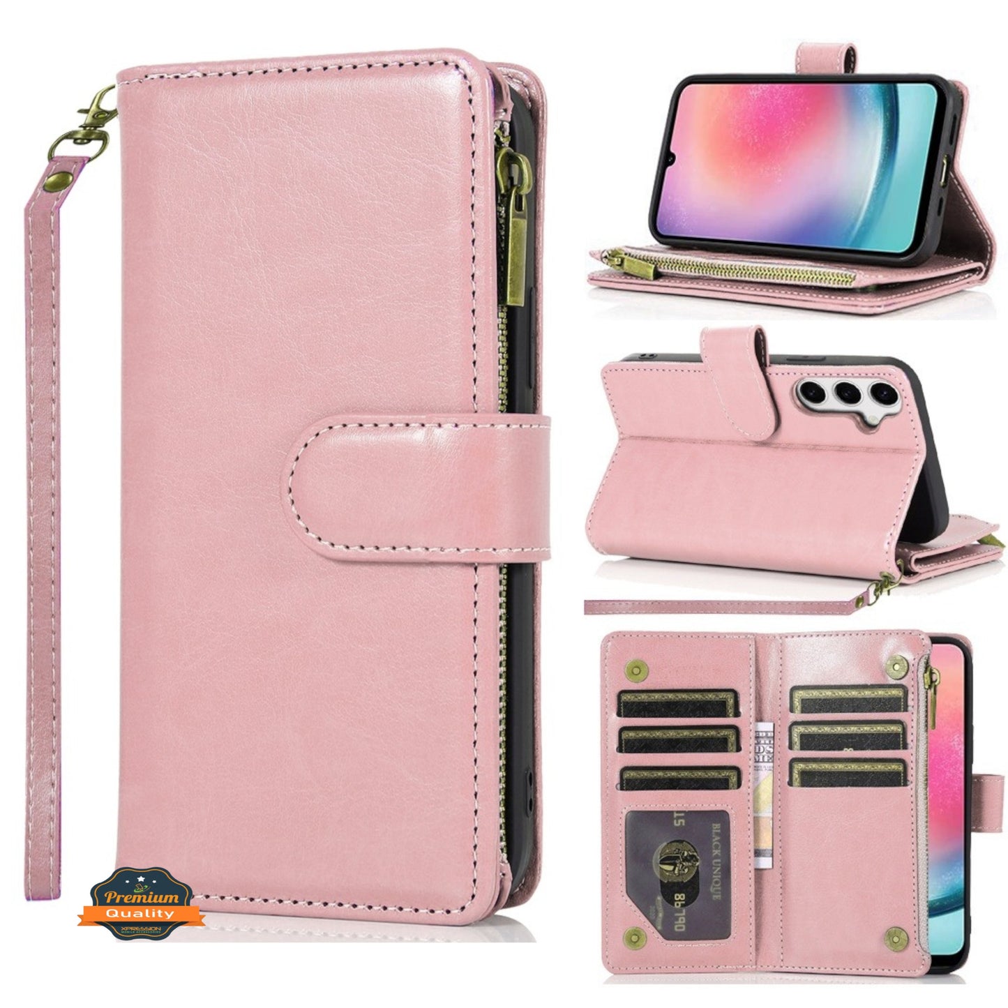For Apple iPhone 17E /16E Leather Wallet Case with Zipper, 9 Card Slots, Cash Pocket, Stand & Strap, Clutch Pouch Design Case Cover Rose Gold