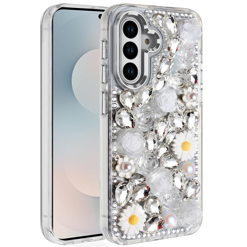 For Samsung Galaxy S25 FE, S25 Fan Edition Fashion Daisy Floral Series, Full 3D Bling Crystal Diamonds Sparkling Rhinestone Glitter Hybrid Design Case Cover Pink