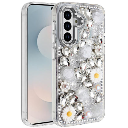 For Samsung Galaxy S25 FE, S25 Fan Edition Fashion Daisy Floral Series, Full 3D Bling Crystal Diamonds Sparkling Rhinestone Glitter Hybrid Design Case Cover White