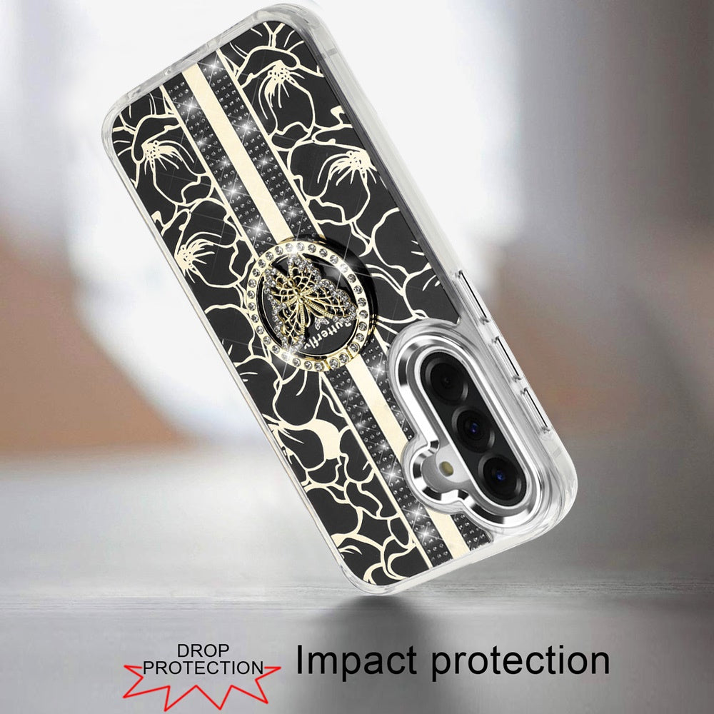 For Samsung Galaxy A37 Diamonds 3D Butterfly Floral Design Bling Sparkly Glitter Hybrid Metal Fashion with Ring Stand Case Cover