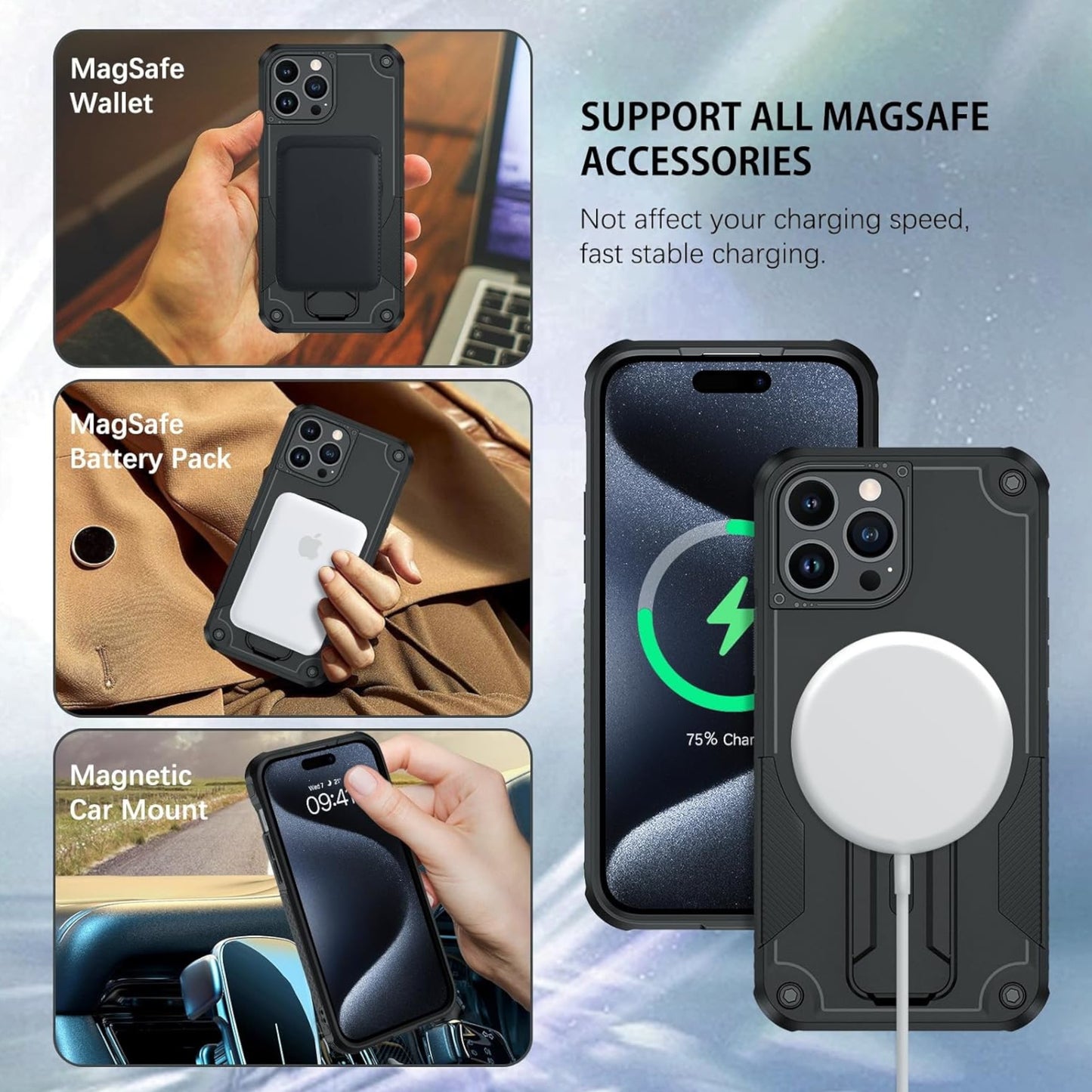 For Apple iPhone 16 Pro (6.3") Hybrid Tuff Case with Folding Stand Magnetic Holder Compatible with MagSafe [Military Shockproof] Case Cover