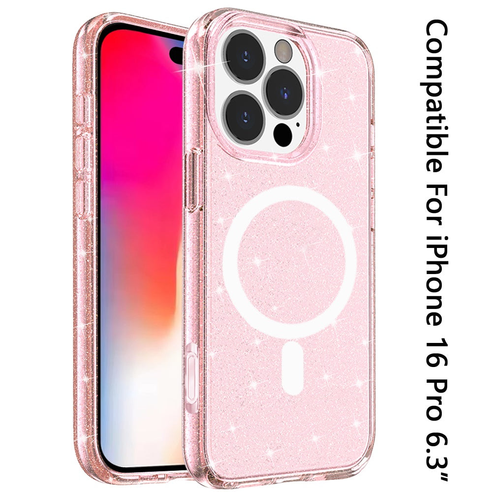 For Apple iPhone 16 Pro (6.3") MagSafe Compatible Glitter Shiny Sparkle Bling TPU Rubber Hard PC Back Hybrid Frame Case Cover