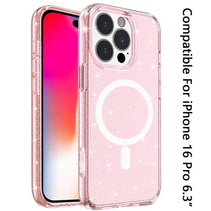 For Apple iPhone 16 Pro (6.3") MagSafe Compatible Glitter Shiny Sparkle Bling TPU Rubber Hard PC Back Hybrid Frame Case Cover